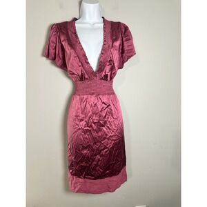 VTG BCBGMAXAZRIA Y2K Silk Smocked Empire Waist Flutter Sleeve Dress Plum Berry L